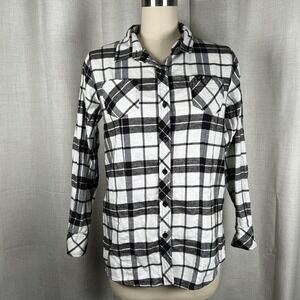 Pladra Flannel Button Up Shirt Women's Large White Black Plaid Trout Fish
